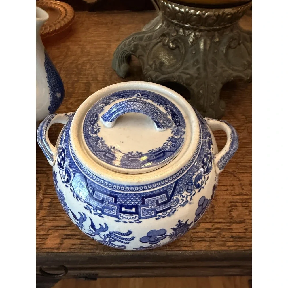 Vintage Old Hall Blue Willow Teapot & Sugar Bowl Set Staffordshire England